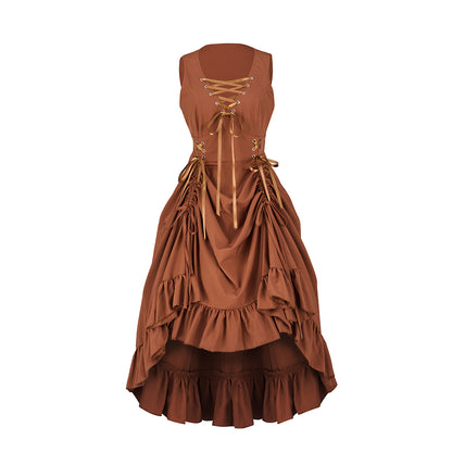 Victorian Brown Velvet Sleeveless Gown with Lace Up Front and Ruffled Hem for Historical Reenactments Victorian Halloween Christmas
