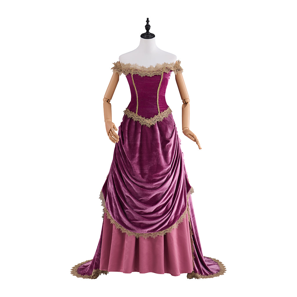 Victorian Purple Velvet Gown with Waist - Cinching and Flowing Skirt Details for Historical Reenactments Regency Themed Halloween Christmas