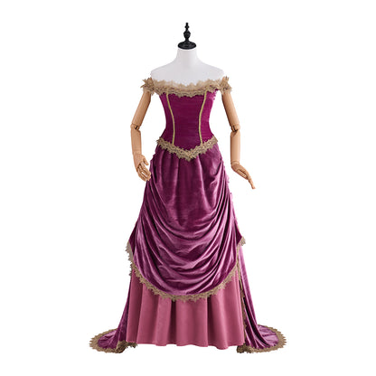 Victorian Purple Velvet Gown with Waist - Cinching and Flowing Skirt Details for Historical Reenactments Regency Themed Halloween Christmas