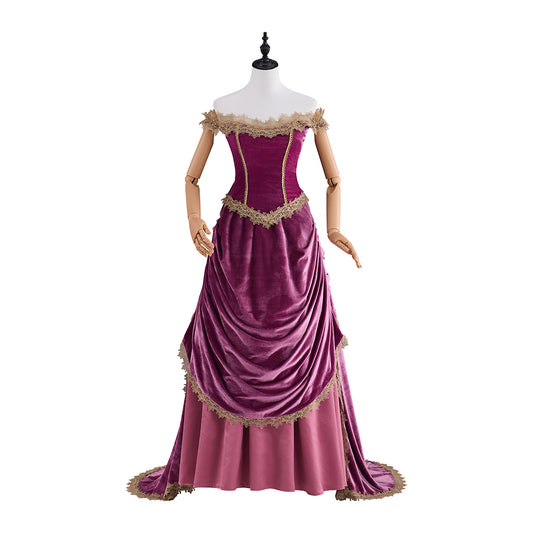 Victorian Purple Velvet Gown with Waist - Cinching and Flowing Skirt Details for Historical Reenactments Regency Themed Halloween Christmas