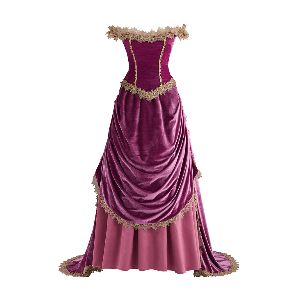 Victorian Purple Velvet Gown with Waist - Cinching and Flowing Skirt Details for Historical Reenactments Regency Themed Halloween Christmas