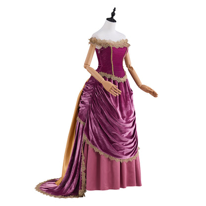 Victorian Purple Velvet Gown with Waist - Cinching and Flowing Skirt Details for Historical Reenactments Regency Themed Halloween Christmas