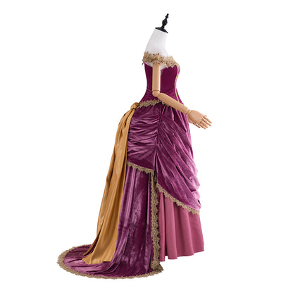 Victorian Purple Velvet Gown with Waist - Cinching and Flowing Skirt Details for Historical Reenactments Regency Themed Halloween Christmas