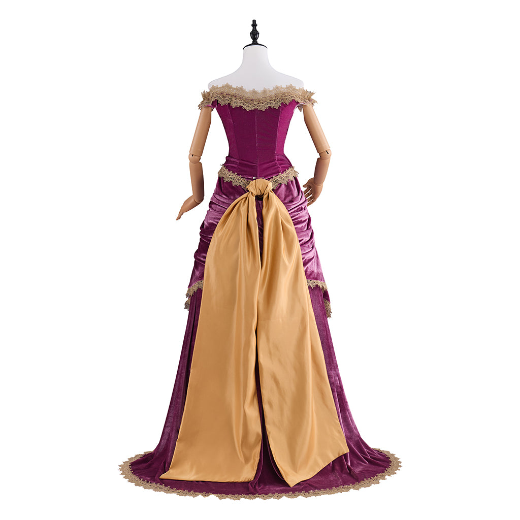 Victorian Purple Velvet Gown with Waist - Cinching and Flowing Skirt Details for Historical Reenactments Regency Themed Halloween Christmas