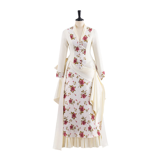 Victorian Regency Cream Colored Empire Waist Gown with Floral Embroidered Details for Historical  Themed Gatherings Halloween Christmas