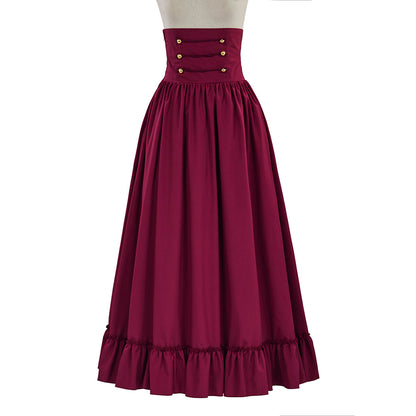 Medieval Style Burgundy High Waisted Skirt with Corset Style Waistband Golden Buttons for Historical Reenactments Cosplay Events Halloween Christmas