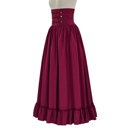 Medieval Style Burgundy High Waisted Skirt with Corset Style Waistband Golden Buttons for Historical Reenactments Cosplay Events Halloween Christmas