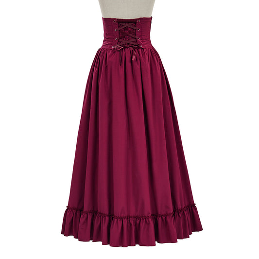 Medieval Style Burgundy High Waisted Skirt with Corset Style Waistband Golden Buttons for Historical Reenactments Cosplay Events Halloween Christmas