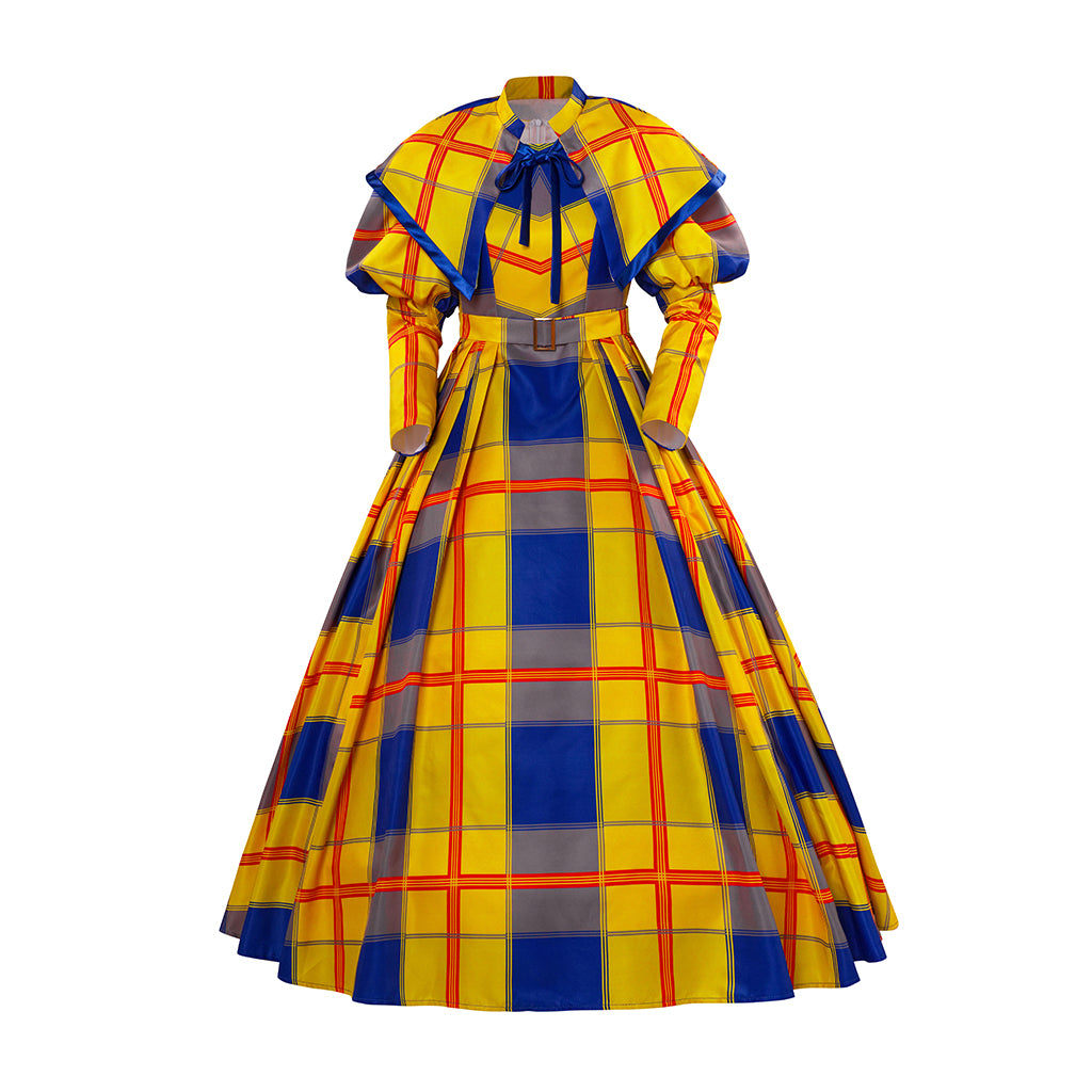 Medieval Style Yellow and Blue Plaid Patterned Ball Gown with Puffed Sleeves for Historical Reenactments Medieval Halloween Christmas