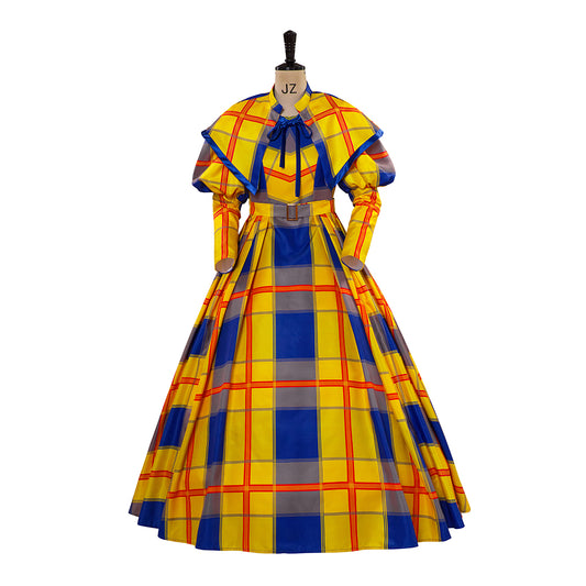 Medieval Style Yellow and Blue Plaid Patterned Ball Gown with Puffed Sleeves for Historical Reenactments Medieval Halloween Christmas