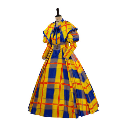 Medieval Style Yellow and Blue Plaid Patterned Ball Gown with Puffed Sleeves for Historical Reenactments Medieval Halloween Christmas