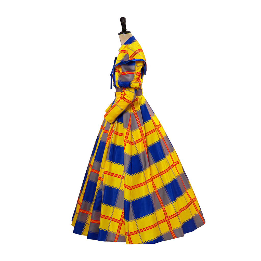 Medieval Style Yellow and Blue Plaid Patterned Ball Gown with Puffed Sleeves for Historical Reenactments Medieval Halloween Christmas