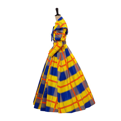 Medieval Style Yellow and Blue Plaid Patterned Ball Gown with Puffed Sleeves for Historical Reenactments Medieval Halloween Christmas