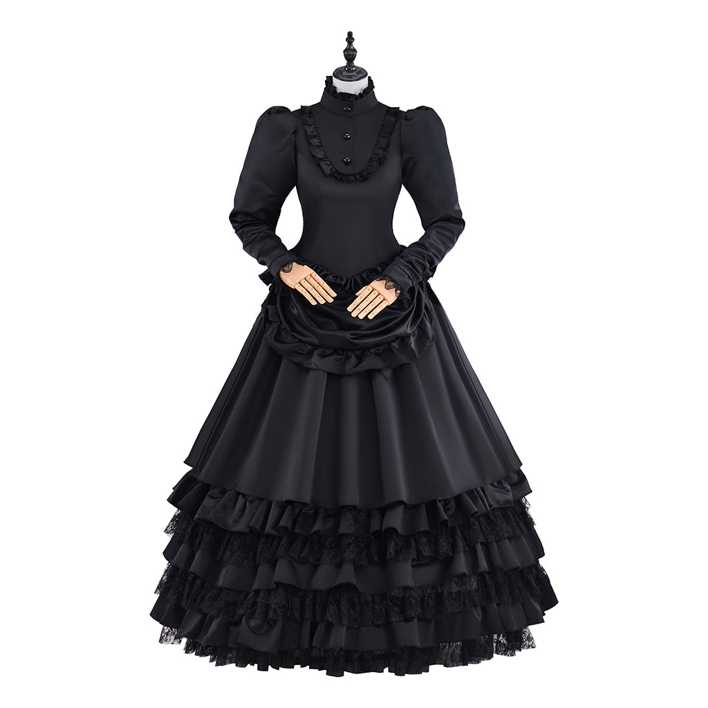 Victorian Black Velvet Gown with Long Sleeves and Tiered Ruffled Skirt for Historical Reenactments Victorian Themed Halloween Christmas