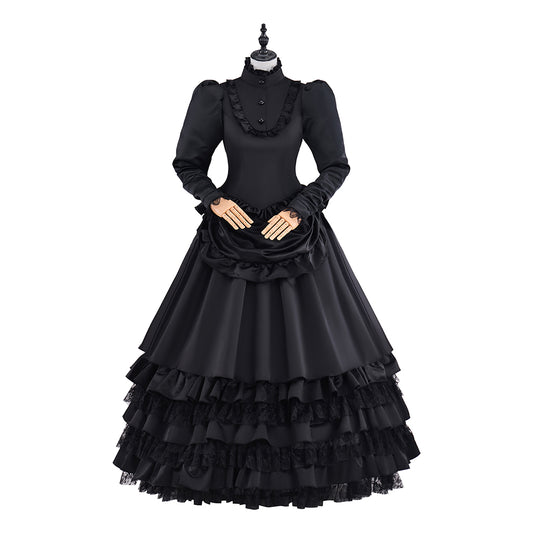 Victorian Black Velvet Gown with Long Sleeves and Tiered Ruffled Skirt for Historical Reenactments Victorian Themed Halloween Christmas
