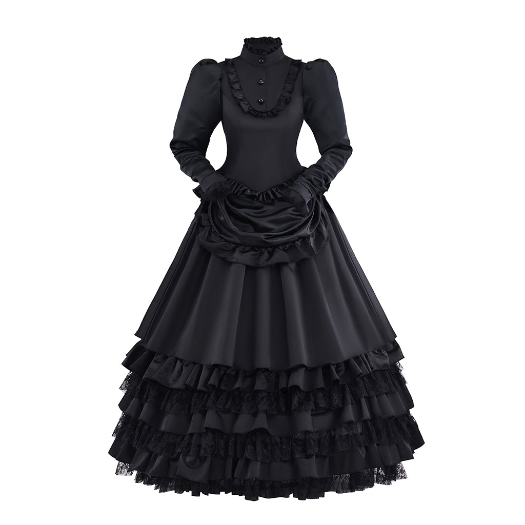 Victorian Black Velvet Gown with Long Sleeves and Tiered Ruffled Skirt for Historical Reenactments Victorian Themed Halloween Christmas