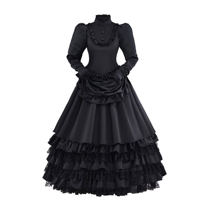 Victorian Black Velvet Gown with Long Sleeves and Tiered Ruffled Skirt for Historical Reenactments Victorian Themed Halloween Christmas