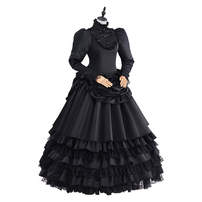 Victorian Black Velvet Gown with Long Sleeves and Tiered Ruffled Skirt for Historical Reenactments Victorian Themed Halloween Christmas