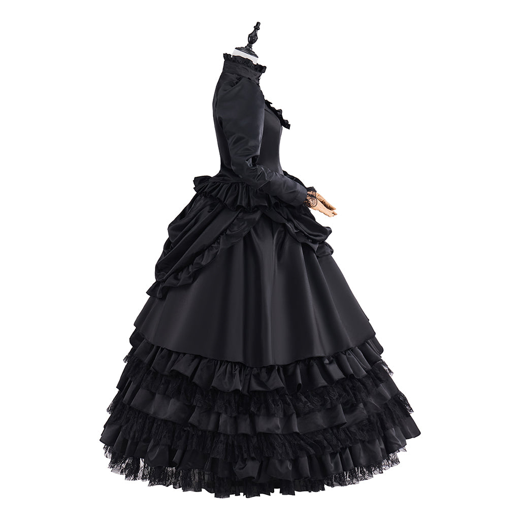Victorian Black Velvet Gown with Long Sleeves and Tiered Ruffled Skirt for Historical Reenactments Victorian Themed Halloween Christmas