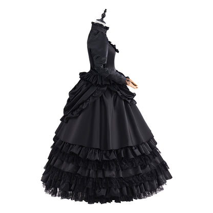 Victorian Black Velvet Gown with Long Sleeves and Tiered Ruffled Skirt for Historical Reenactments Victorian Themed Halloween Christmas