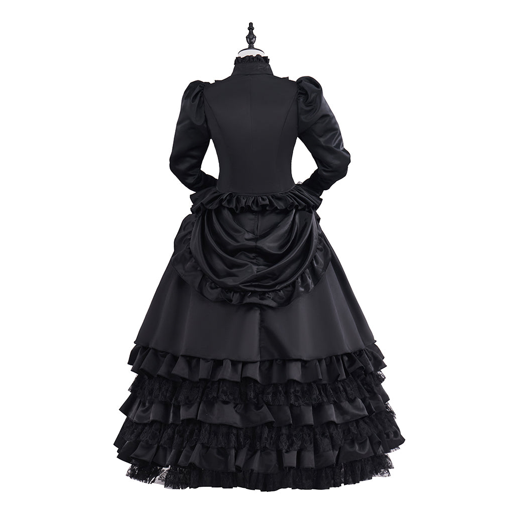 Victorian Black Velvet Gown with Long Sleeves and Tiered Ruffled Skirt for Historical Reenactments Victorian Themed Halloween Christmas