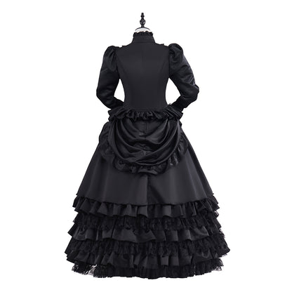 Victorian Black Velvet Gown with Long Sleeves and Tiered Ruffled Skirt for Historical Reenactments Victorian Themed Halloween Christmas