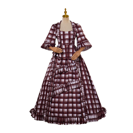 Medieval Style Red and White Plaid Gown with Square Neckline Short Puff Sleeves High Waist for Historical Reenactments Halloween or Christmas