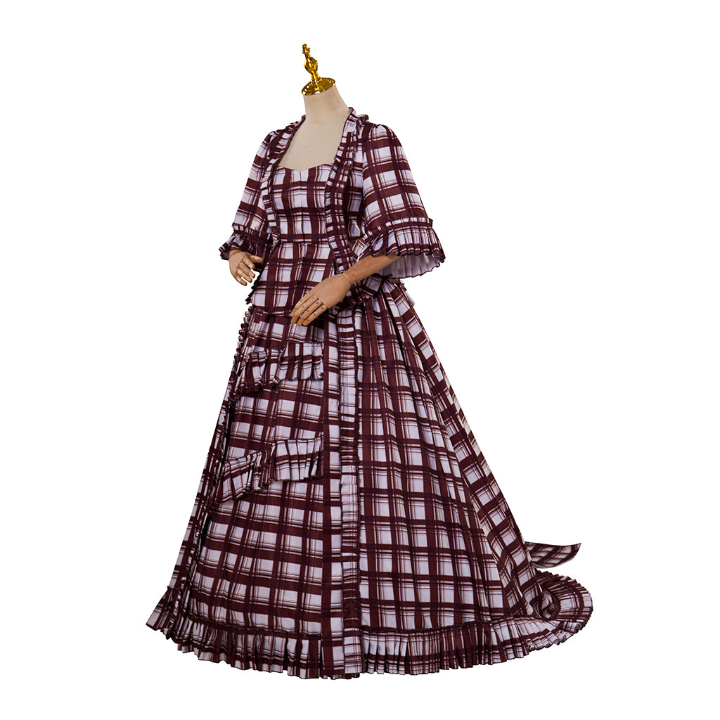 Medieval Style Red and White Plaid Gown with Square Neckline Short Puff Sleeves High Waist for Historical Reenactments Halloween or Christmas