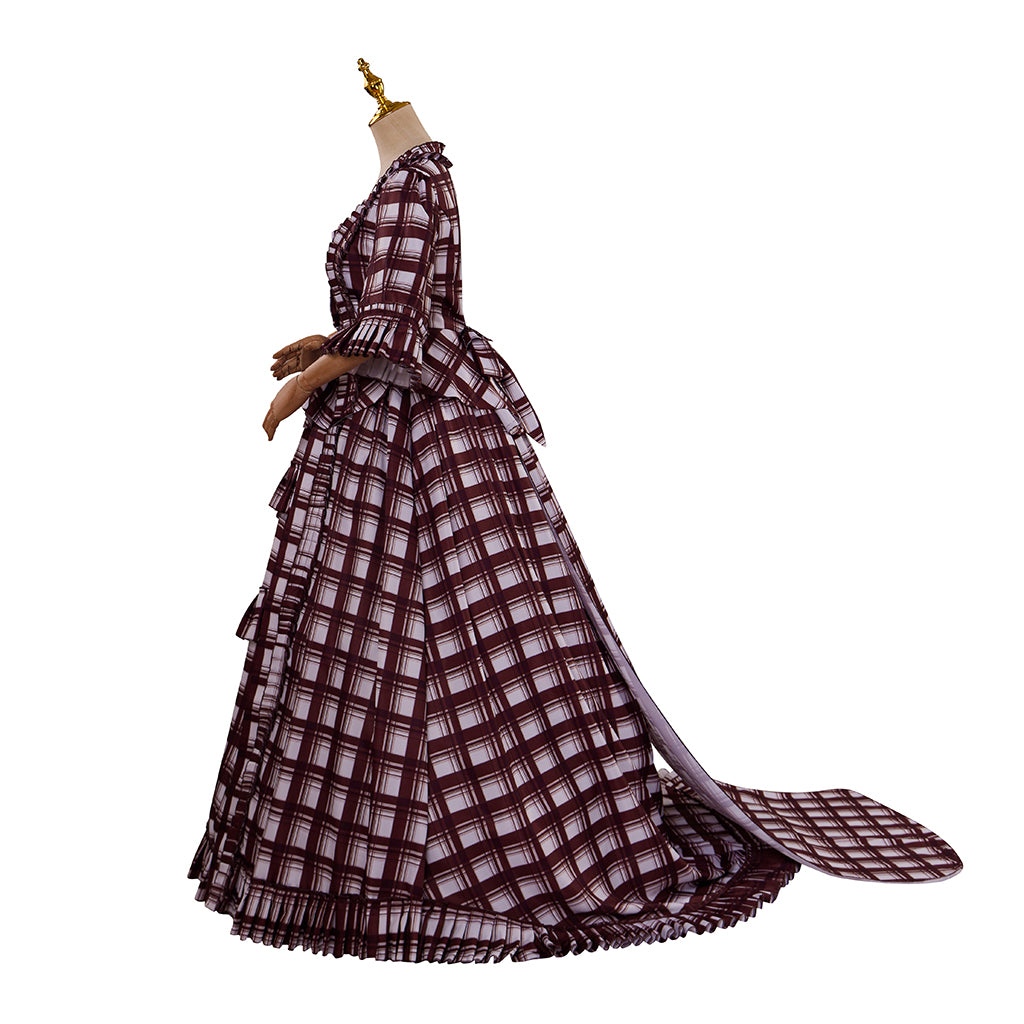 Medieval Style Red and White Plaid Gown with Square Neckline Short Puff Sleeves High Waist for Historical Reenactments Halloween or Christmas
