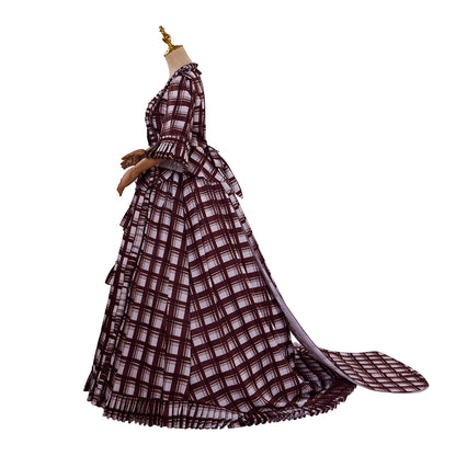 Medieval Style Red and White Plaid Gown with Square Neckline Short Puff Sleeves High Waist for Historical Reenactments Halloween or Christmas