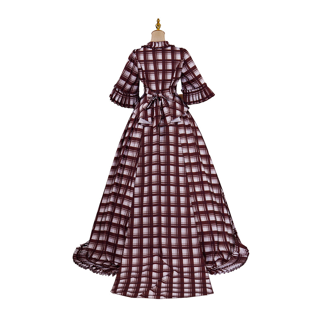 Medieval Style Red and White Plaid Gown with Square Neckline Short Puff Sleeves High Waist for Historical Reenactments Halloween or Christmas