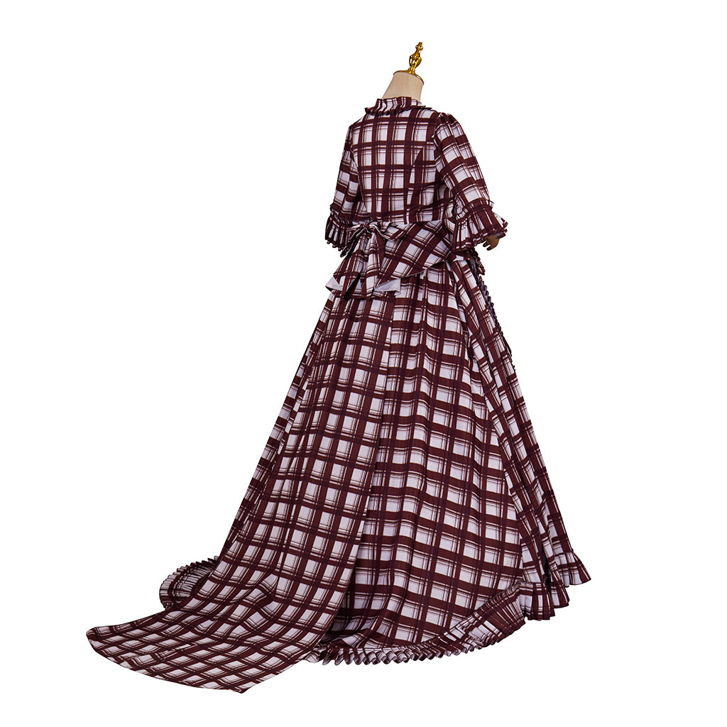 Medieval Style Red and White Plaid Gown with Square Neckline Short Puff Sleeves High Waist for Historical Reenactments Halloween or Christmas