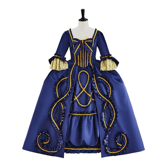 Medieval Blue Gown with Gold Embroidery Square Neckline and Long Sleeves for Historical Reenactments Halloween Christmas