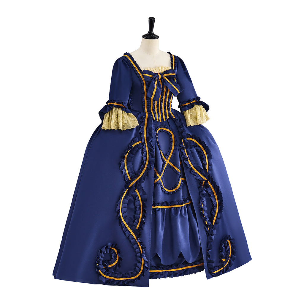 Medieval Blue Gown with Gold Embroidery Square Neckline and Long Sleeves for Historical Reenactments Halloween Christmas