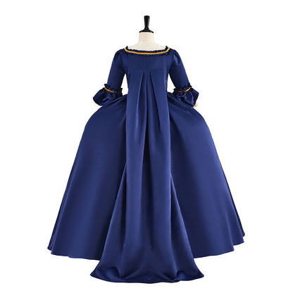 Medieval Blue Gown with Gold Embroidery Square Neckline and Long Sleeves for Historical Reenactments Halloween Christmas