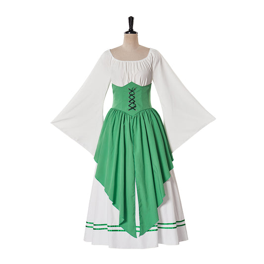 Renaissance Style Blue and White Colorblocked Dress with Bell Sleeves and Corset Design for Historical Reenactments Halloween Christmas