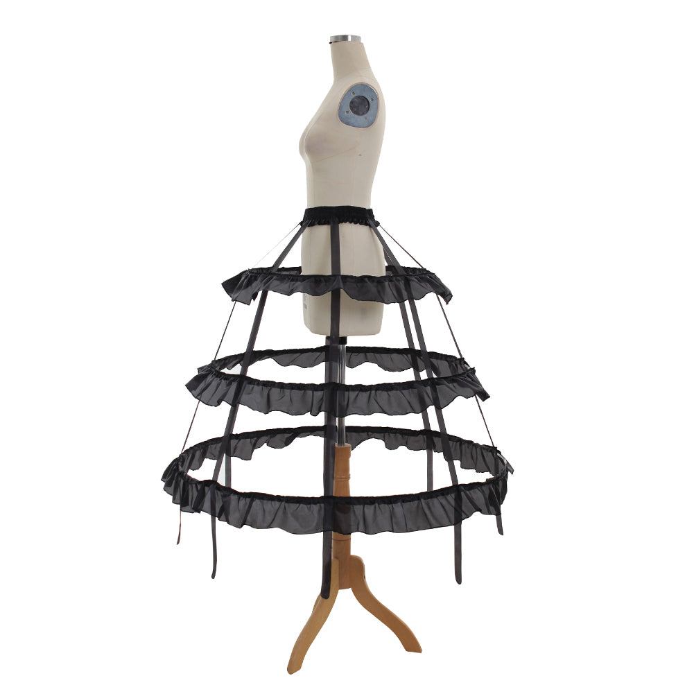 Women's Black Baroque Cage Hoop Skirt Pannier with Ruffled Edges, Victorian Crinoline Underskirt, Black Vintage Petticoat for Ball Dress, Cosplay, Princess Dress, Rococo Style