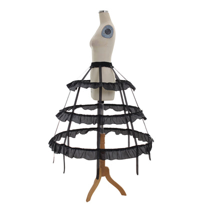 Women's Black Baroque Cage Hoop Skirt Pannier with Ruffled Edges, Victorian Crinoline Underskirt, Black Vintage Petticoat for Ball Dress, Cosplay, Princess Dress, Rococo Style