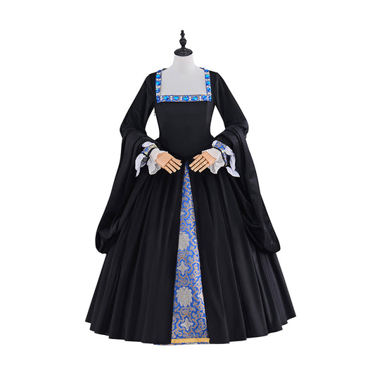 Medieval Colonial Black Gown with Layered Flared Skirt Structured Bodice Blue Trim for Historical Reenactments Halloween Christmas