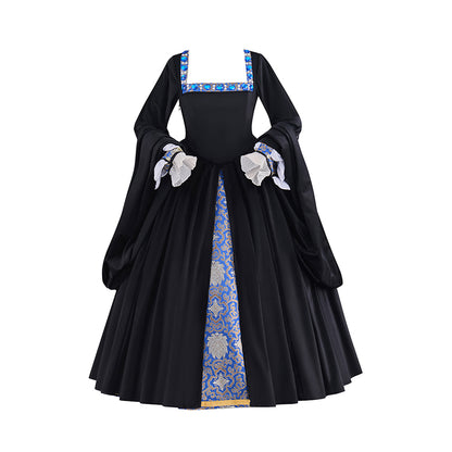 Medieval Colonial Black Gown with Layered Flared Skirt Structured Bodice Blue Trim for Historical Reenactments Halloween Christmas