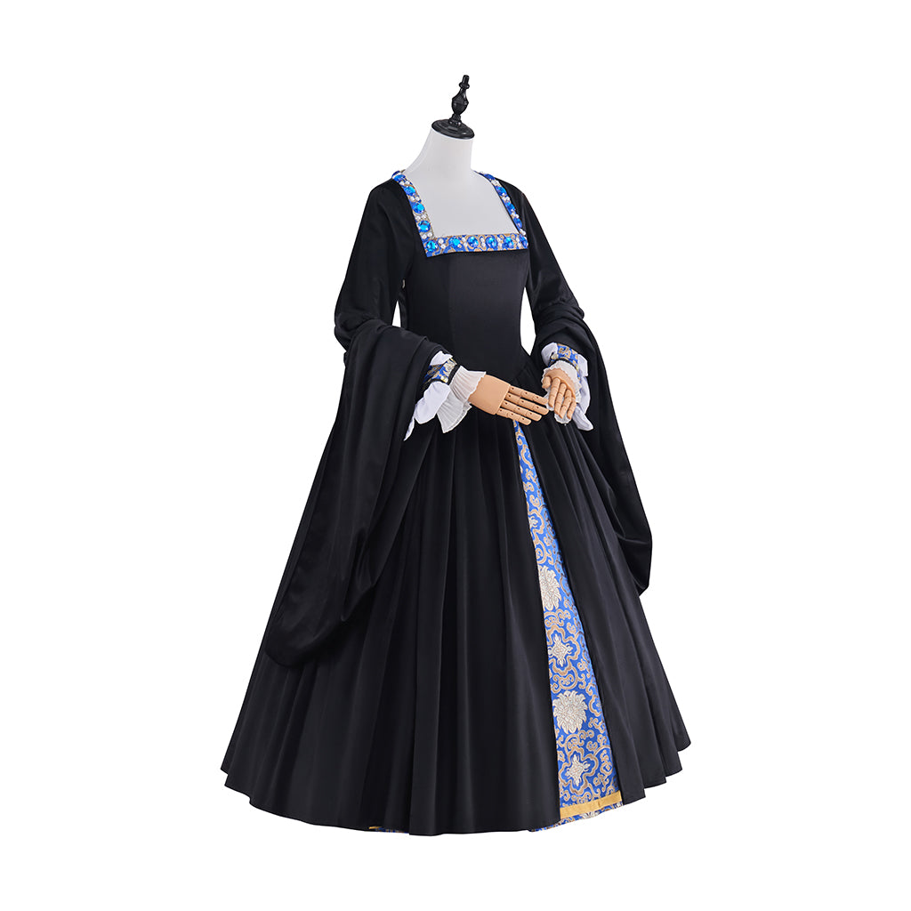 Medieval Colonial Black Gown with Layered Flared Skirt Structured Bodice Blue Trim for Historical Reenactments Halloween Christmas