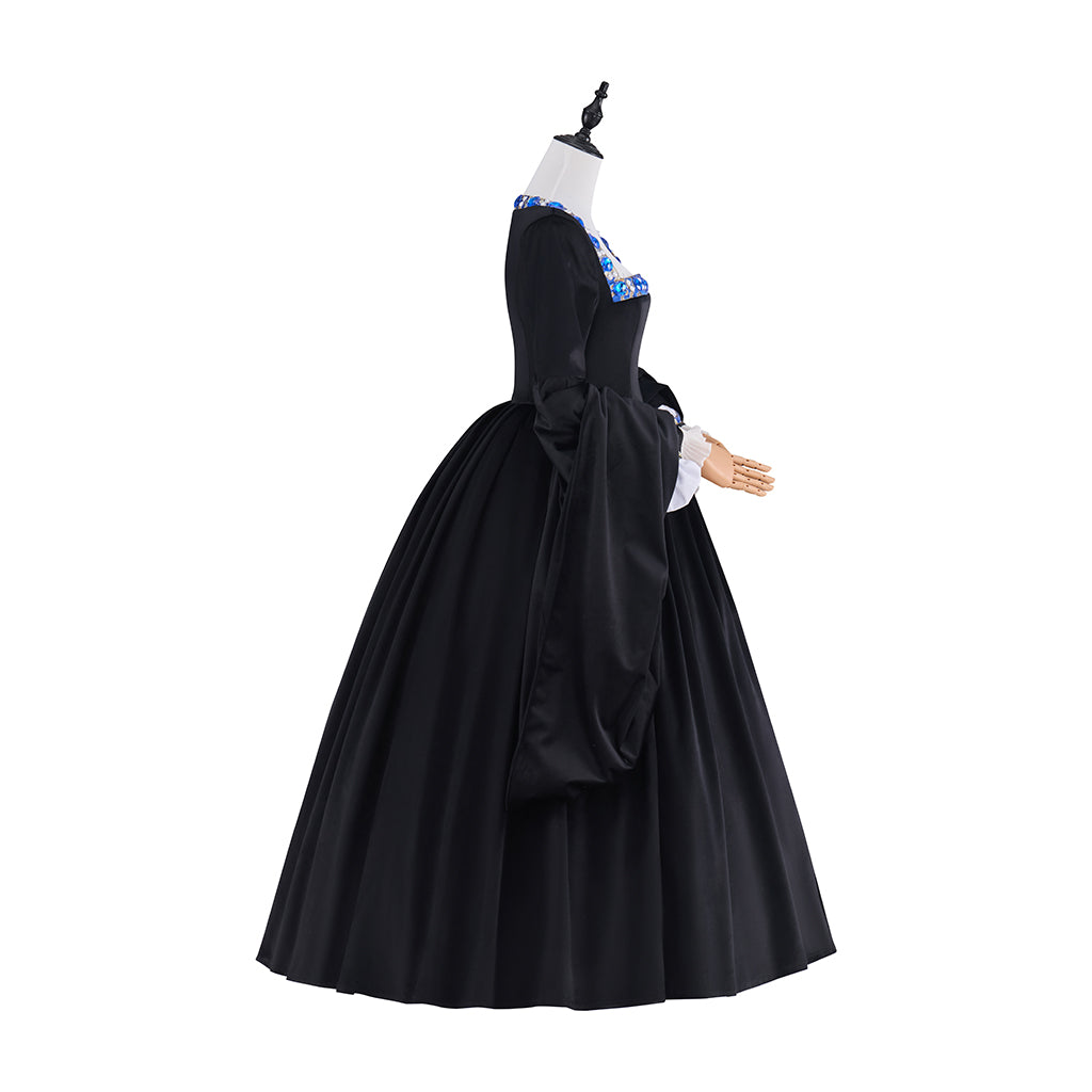 Medieval Colonial Black Gown with Layered Flared Skirt Structured Bodice Blue Trim for Historical Reenactments Halloween Christmas
