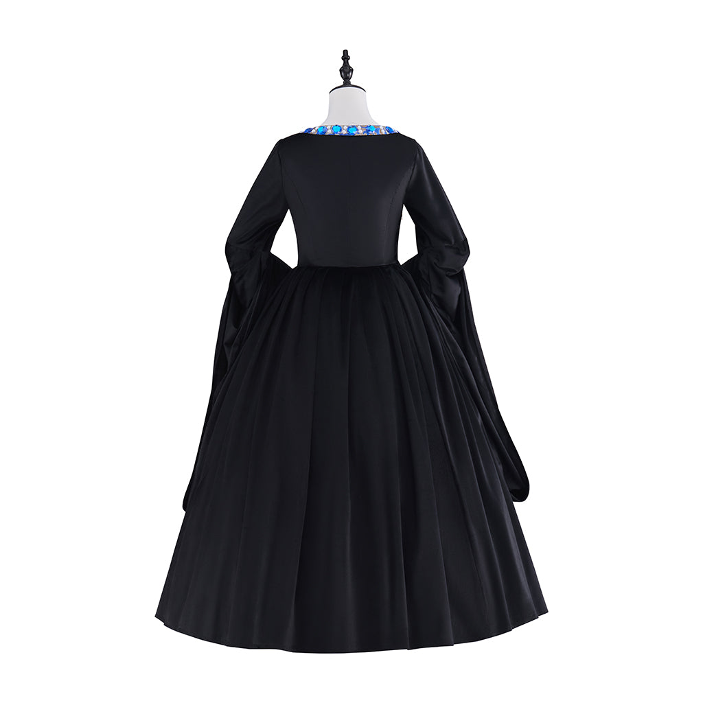 Medieval Colonial Black Gown with Layered Flared Skirt Structured Bodice Blue Trim for Historical Reenactments Halloween Christmas
