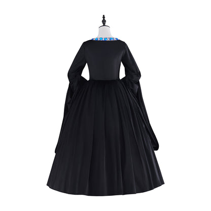 Medieval Colonial Black Gown with Layered Flared Skirt Structured Bodice Blue Trim for Historical Reenactments Halloween Christmas