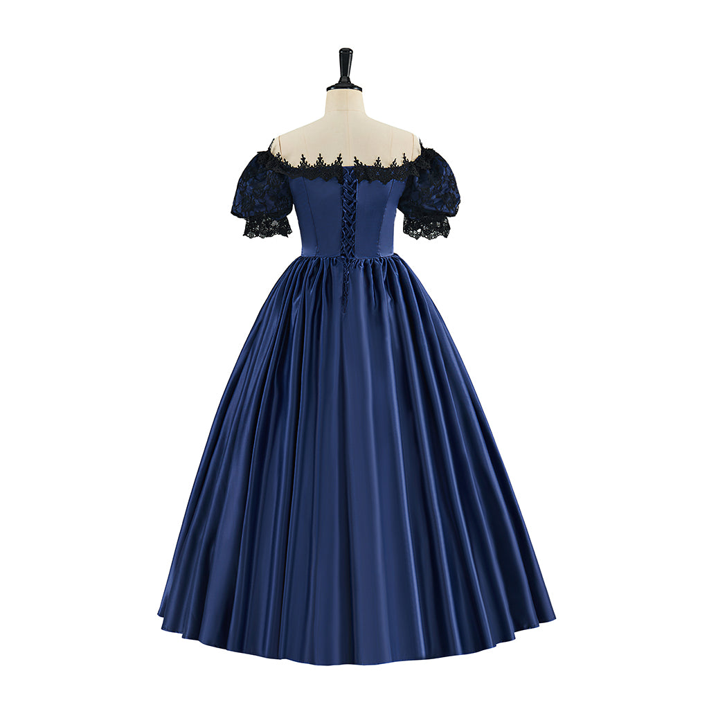 Victorian Red Satin Gown with Off Shoulder Neckline Black Ruffled Trim for Historical Reenactments Victorian Themed Halloween Christmas