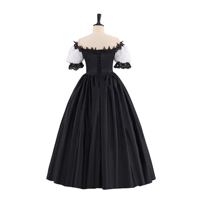 Victorian Red Satin Gown with Off Shoulder Neckline Black Ruffled Trim for Historical Reenactments Victorian Themed Halloween Christmas
