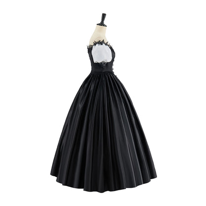Victorian Red Satin Gown with Off Shoulder Neckline Black Ruffled Trim for Historical Reenactments Victorian Themed Halloween Christmas
