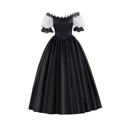 Victorian Red Satin Gown with Off Shoulder Neckline Black Ruffled Trim for Historical Reenactments Victorian Themed Halloween Christmas