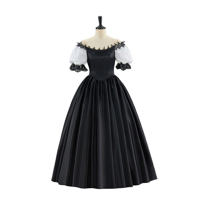 Victorian Red Satin Gown with Off Shoulder Neckline Black Ruffled Trim for Historical Reenactments Victorian Themed Halloween Christmas