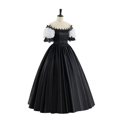 Victorian Red Satin Gown with Off Shoulder Neckline Black Ruffled Trim for Historical Reenactments Victorian Themed Halloween Christmas